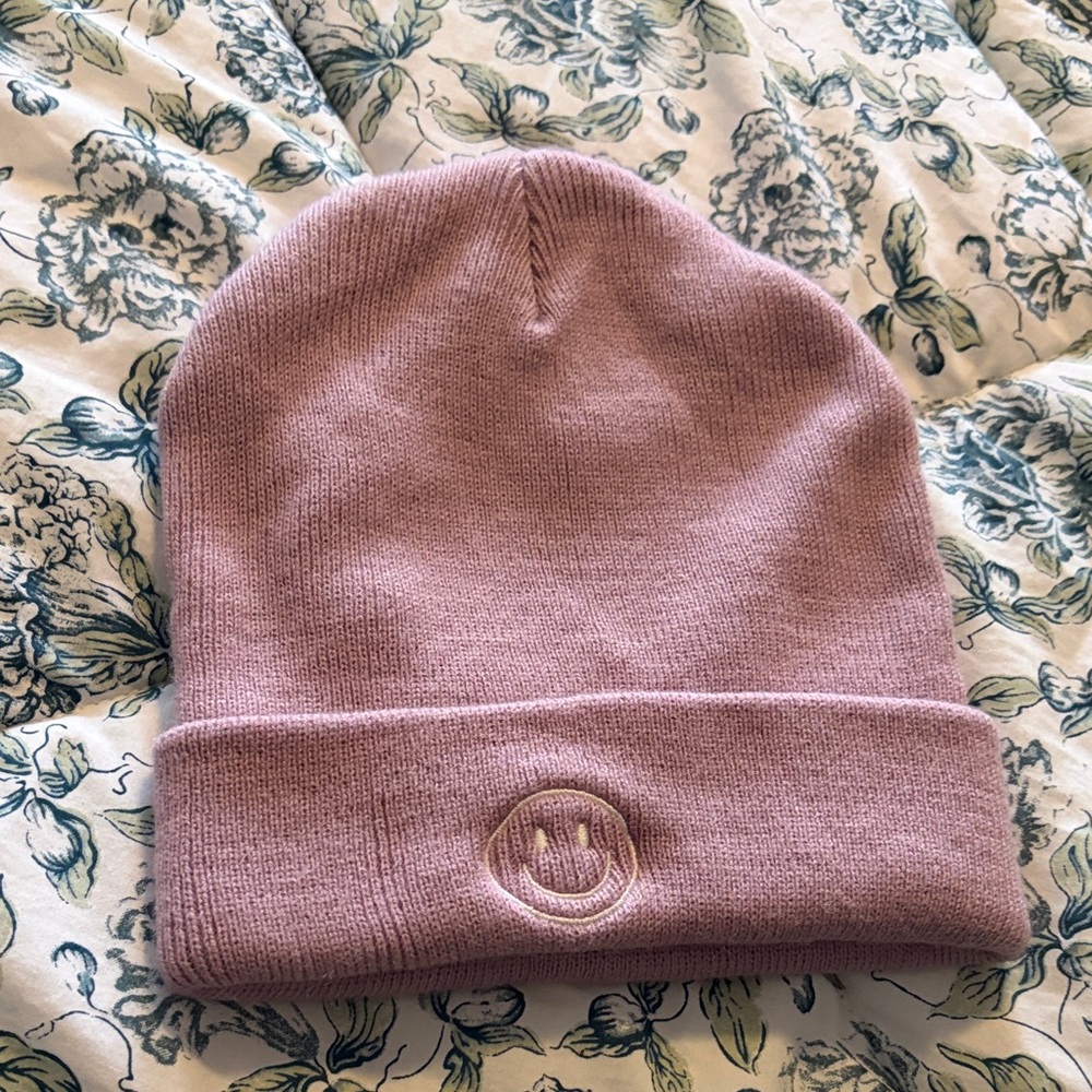 Mauve Knit Beanie with Smiley Patch